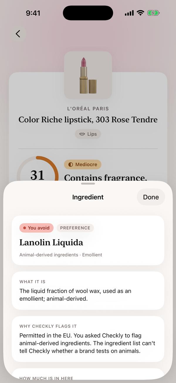 The ingredient sheet for Lanolin Liquida: what it is, an emollient from wool wax, and why Checkly flags it, because you asked it to flag animal-derived ingredients.