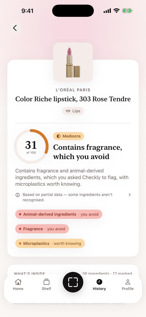 A Checkly result for a lipstick: 31 out of 100, Mediocre, headed “Contains fragrance, which you avoid”, with animal-derived ingredients and fragrance flagged as things you avoid.