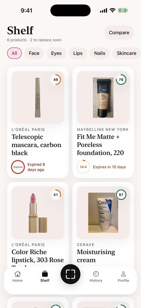 The shelf: products in two columns with expiry rings, one mascara expired eight days ago and a foundation that expires in ten days.