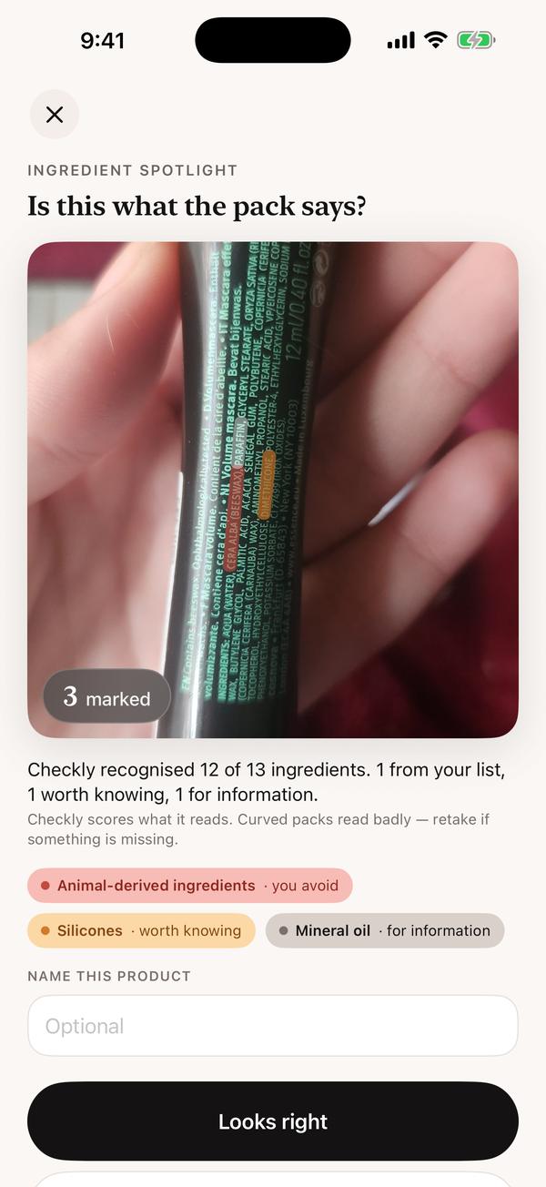 Ingredient Spotlight on a photo of a tube: three ingredients marked on the pack, and a summary reading “Checkly recognised 12 of 13 ingredients”.